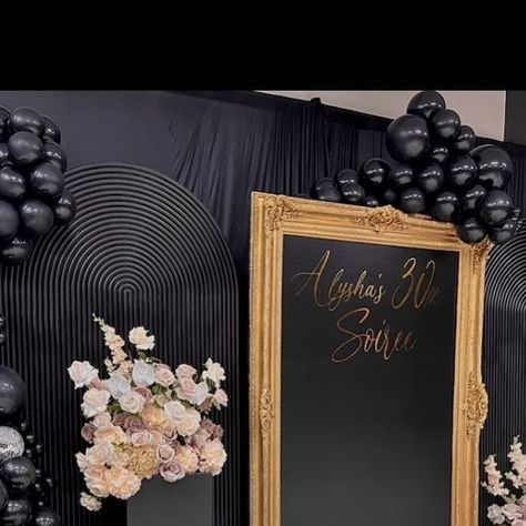 BalloonistaOf Houston on Instagram: "All black with a touch of gold speaks volume🖤 Alysha’s 30th Soirée Full backdrop setup: @balloonistaofhouston Florals: @balloonistaofhouston Planner: @eminent.details Venue: @theblankcanvasspace 🖤 🖤 🖤 🖤 #allblackparty #allblacktheme #soirée #newyeareveparty #houstonballoonartist #balloonistaofhouston #goldframebackdrop #houstonbackdroprental #houstonbackdrops #houstonballoonservice #birthdaypartyideas #ballooninspo #houstonbirthdayparty #houstonpartyplanner #weddingflorals" Backdrop Setup, All Black Party, January 9, Touch Of Gold, New Years Eve Party, Gold Frame, Floral Wedding, All Black, Birthday Parties