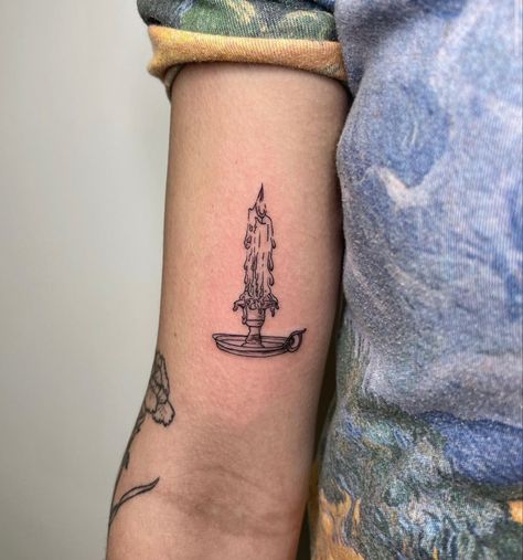 Candle stick tattoo. Fine line. Tattoos. Unique. Candle Stick Tatoos, Candle Stick Tattoo Design, Hand Holding Candle Tattoo, Fine Line Candle Tattoo, Vintage Lantern Tattoo, Candlelight Tattoo, Fine Line Tattoos Arm, Candle Holder Tattoo, Street Light Tattoo