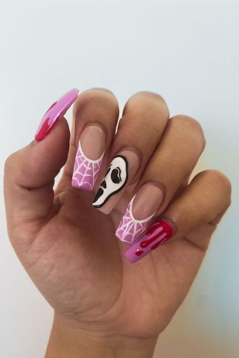 Ghostface Nails, Nail Inspo Halloween, Acrylic Nails Halloween, Spooky Nail Art, How To Be Pretty, Nail Inspo Fall, Pink Halloween Nails, Dark Pink Nails, Horror Nails