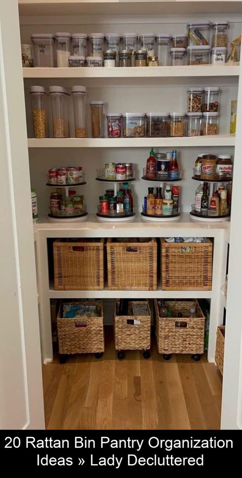 Here's why you should consider using rattan bin pantry organization ideas to help you get started on reorganizing your pantry. Pantry Organization Wire Baskets, Organised Pantry Aesthetic, Open Pantry Cover Ideas, Thrifted Pantry Organization, Pantry Shelving Organization Ideas, Pantry Organization Drawer, Pantry Storage Baskets, Open Pantry Organization Ideas, Shallow Pantry Organization