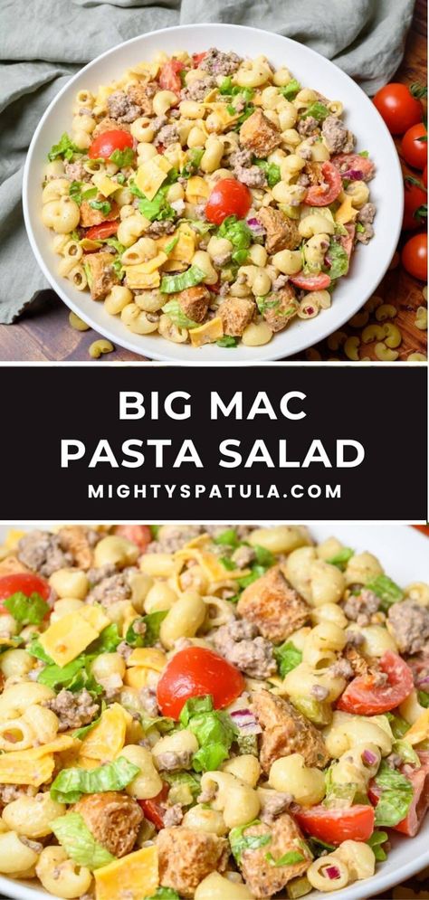 Big Mac Pasta Salad – Mighty Spatula Big Mac Pasta Salad Recipe, Big Mac Pasta Salad, Mac Pasta Salad, Big Mac Pasta, Mac Salad Recipe, Creamy Pasta Salad, Creamy Pasta Salads, Big Mac Salad, Mac Salad