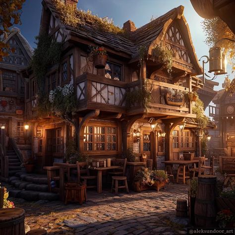 Medieval Tavern Exterior, Dnd Tavern Aesthetic, Medieval Town Aesthetic, Novigrad Witcher, Tavern Exterior, Medieval House Concept Art, Taverna Medieval, Fantasy Inn, Medieval Tavern