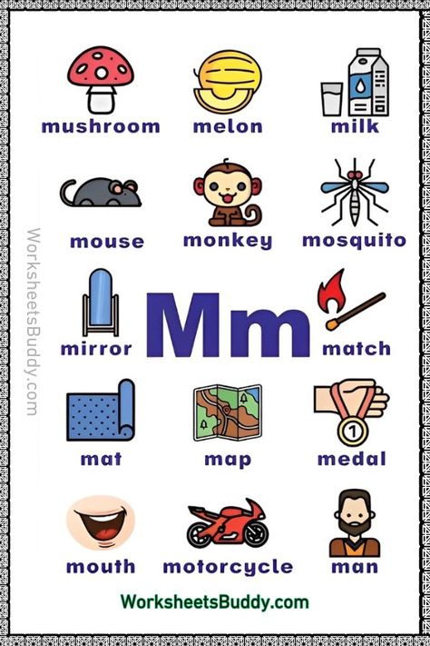 M Word Family Worksheets - Preschool Letter M Words Worksheets Letter M For Kindergarten, Family Words Activity, Letter M Pictures, Letter M Words, Phonic Book, Letter M Activities For Preschool, Letter M Worksheet, Preschool Letter M, Letter W Activities