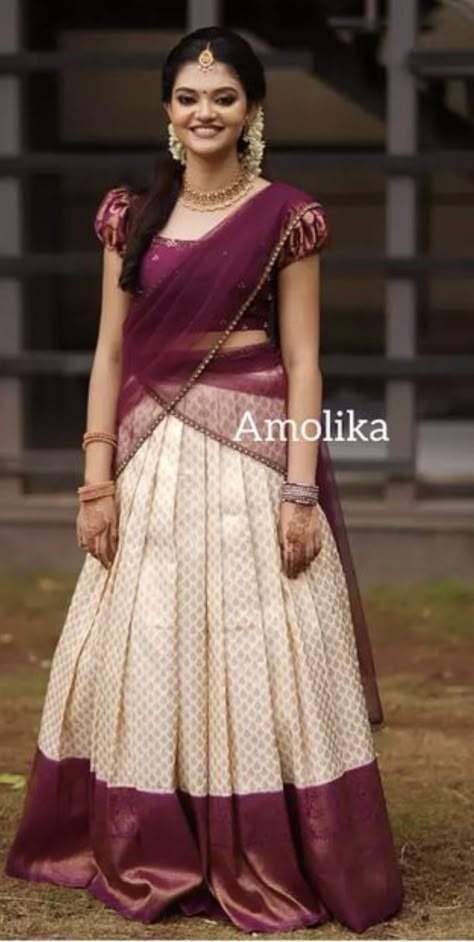 Blouse Design For Langa Davani, Saree Langa Blouse, Langa Dhavani Blouse Designs, Half Saree With Pattu Saree, Half Pattu Sarees, Lehanga Kerala Style, Langa Davani Designs Traditional, Blouse Designs For Pattu Lehenga, Traditional Lehanga Designs Latest