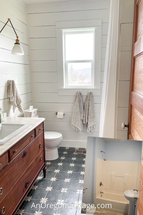 Farmhouse main bathroom before and after reno from a windowless box to a spa-like retreat with lots of ideas to add old-house character. Renovated Old Farmhouse, Old House Renovation Bathroom, New England Farmhouse Bathroom, Renovate 1900 House, Cottage Home Renovation, 1910 House Remodel, Bathroom 1900 Style, Cottage Remodel Before And After, Vintage House Remodel