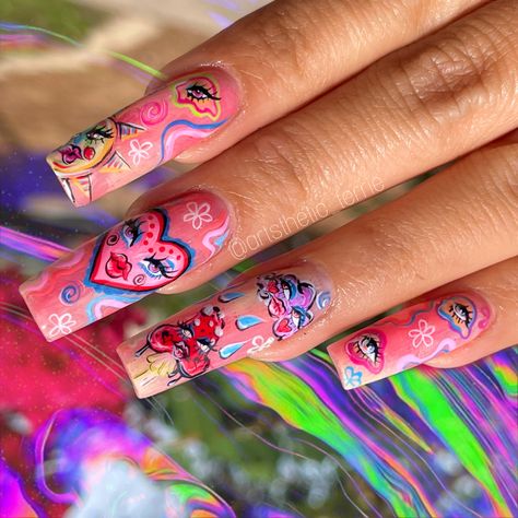 Patricia Core, Weird Nail Art, Trippy Nail Art, Trippy Nails, Urban Nails, Purple Acrylic Nails, Hippie Nails, Nail Drawing, Edgy Nails