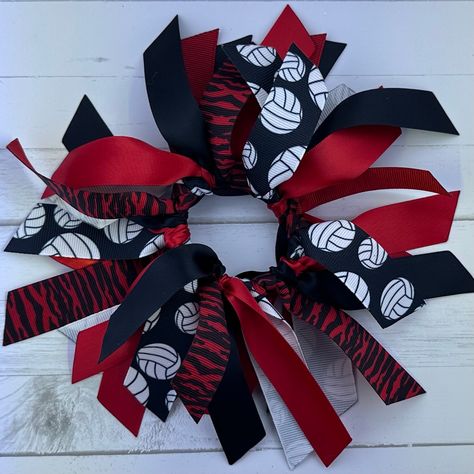 Red and Black Volleyball Ribbon Scrunchie, Ribbon Hair Tie, Ribbon Pony Tie - Sample Sale, One Available, Clearance Sale, Cardinals, Wolves How To Make Volleyball Hair Ribbons, Hair Ribbons For Sports, Volleyball Ribbons For Hair, Sports Ribbon Hair Ties Diy, Hair Ribbons Diy, Volleyball Ribbon, Sports Ribbon Hair Ties, Ribbon Hair Ties, Sport Hair