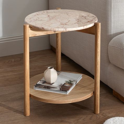 Features: - Materials: Italian Carrara and Pink Turkish Rose marble tabletop, American oak wood frame & lower shelf, stainless steel hardware .-Includes: 1 x side table.-1.5cm tabletop thickness.-1.8cm shelf thickness.-Contemporary design.-Bullnose edges.-Bottom shelf dimensions: H36.7 x W40 x D40cm.-Type: Side Table.-Shape: Round.-Frame Material: Timber -Frame Material Details: American oak wood..-Table Top Material: Genuine Marble -Table Top Material Details: 1.5cm thick solid Italian Side Table Living Room Modern, Marble Wooden Table, Marble And Wood Table, Round Marble Side Table, Marble Side Table Modern, Wood Side Table Living Room, Side Tables In Living Room, Wood And Marble Side Table, Side Table Marble Top