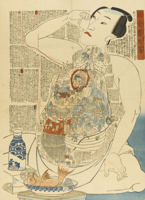 19th Century Japanese Woodblock Prints Creatively Illustrate the Inner Workings of the Human Body | Open Culture Japanese Woodcut, Life Rules, Art Japonais, Ukiyo E, Japanese Woodblock Printing, Japanese Prints, Japanese Artists, Woodblock Print, Asian Art