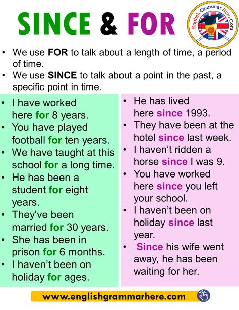 How To use Using FOR and SINCE in English We use FORto talk about a length of time, a period of time. We use SINCEto talk about a point in the past, a specific point in time. Table of Contents Using For in EnglishUsing Since in English Using For in English I have worked here for 8 years.... Teaching English Grammar, English Language Learning Grammar, Essay Writing Skills, English Vocab, Learn English Grammar, Interesting English Words, Good Vocabulary Words, Good Vocabulary, English Language Teaching