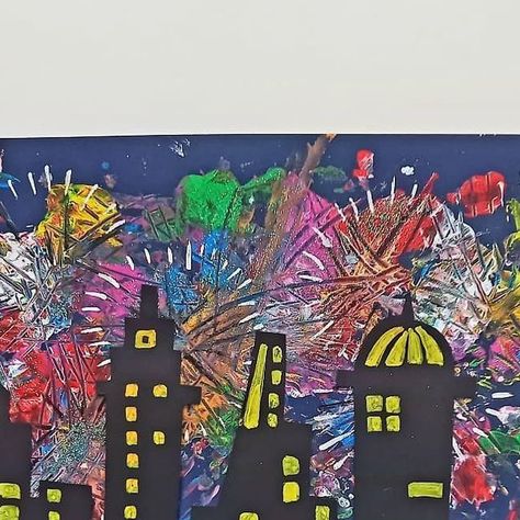 Splat Painting, Black Cityscape, Cityscape Silhouette, Messy Play, New Year Celebration, Process Art, Blue Glitter, Fireworks, Cityscape