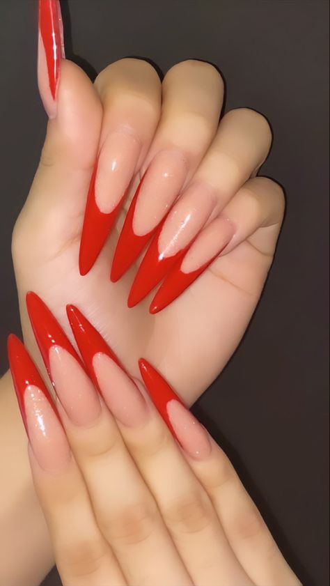 Stilleto Red French Nails, Xl Almond Acrylic Nails, Xxl Almond Nails, Long Almond Nails Christmas, Red Stilleto French Tip, Red French Tip Nails Stiletto, Red Long Almond Nails, Long Red Almond Nails, Xl Almond Nails