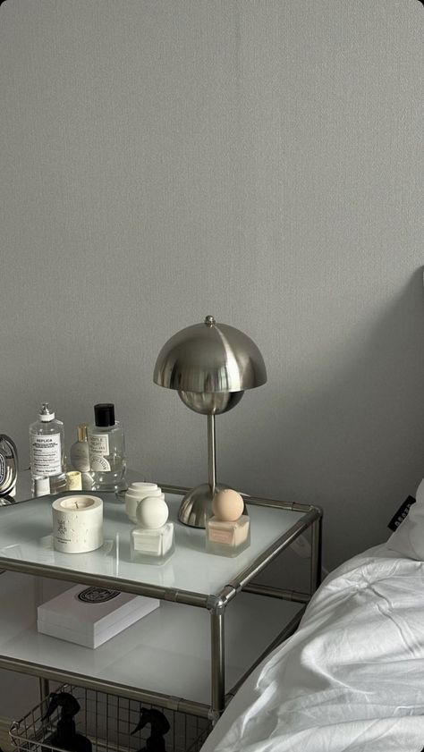 Aesthetic Bedside Table Decor, Aesthetic Bedside Table, Minimalist Nightstand, Bedside Table Decor, Grey Wall, Minimalist Room, Minimalism Interior, Stylish Bedroom, Room Setup