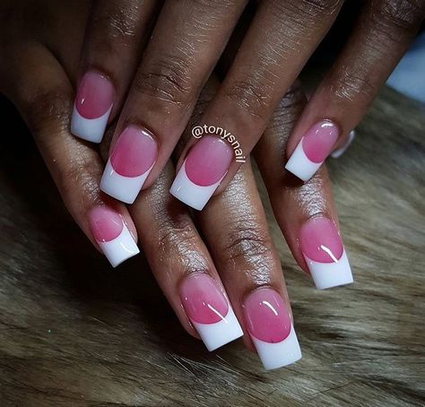 Pink and white Pink Base White French Tip, Custom Nails Design, Solar Nails, Overlay Nails, Custom Nails, White French Tip, White French, Feb 8, Pretty Acrylic Nails