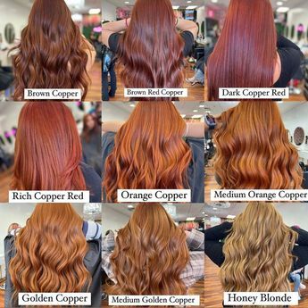 Shades Of Red Hair Chart, Copper Red Hair Colour, Red Hair Variations, Paprika Adore Hair Color, Red Hair Tones, Redish Brown Hair, Hair Chart, Red Copper Hair Color, Balayage Ideas