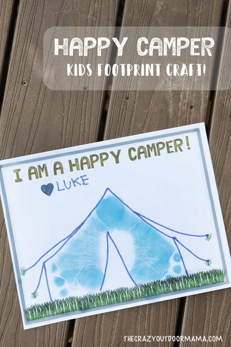 Check out this cute kid camping craft idea "I'm a happy camper!" using your childs foorprint! This simple camping craft is perfect to remember that first family trip with your baby, or perhaps even your preschoolers fun summer camp! Camping Craft, Camping Bingo, Camping Crafts For Kids, Camping Activities For Kids, Camping With Toddlers, Footprint Craft, Camping With A Baby, Footprint Crafts, Family Camping Trip