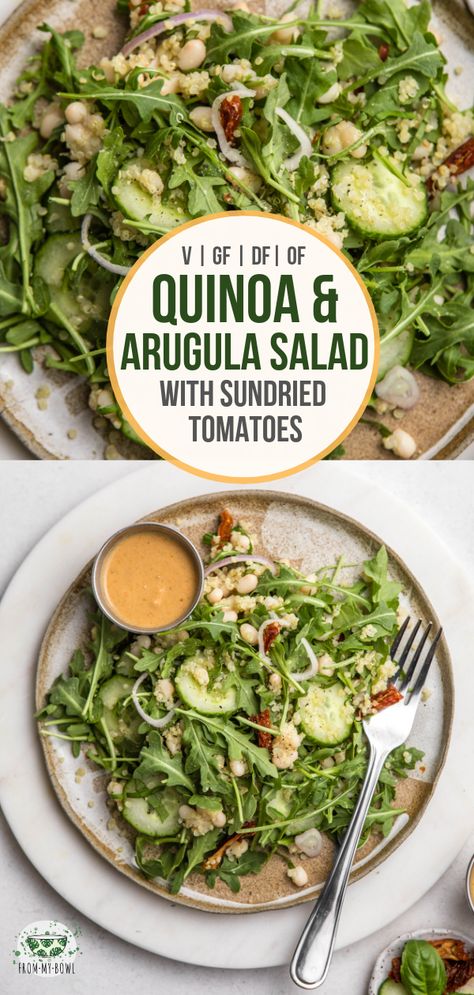 This plant-based Quinoa & Arugula salad is full of whole grains, crunchy veggies, and plant-based protein! Great for a healthy entree or hearty side. #vegan #plantbased #salad #quinoa #arugula | Frommybowl.com Arugula Salad Vegan, Vegan Arugula Salad, Quinoa Arugula Salad, Arugula Recipes, Healthy Entrees, Satisfying Salads, Cooking Tomatoes, Vegan Salad Recipes, Arugula Salad