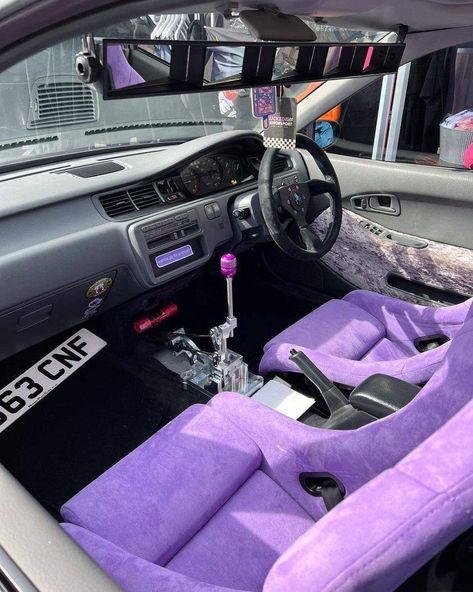 Velvet Car Interior, Purple Car Interior Ideas, Jdm Interior Ideas, Pimped Out Car Interior, Car Interior Modification, Purple Car Interior Aesthetic, Purple Interior Car, Drift Car Interior, Car Tuning Ideas