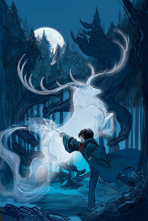 Harry's face and upper body is painted, and the beginnings of his Patronus-casting spell are sketched out Fanart Harry Potter, Hery Potter, Glume Harry Potter, Harry Potter Background, Harry Potter Illustrations, Buku Harry Potter, Theme Harry Potter, The Prisoner, Harry Potter Artwork