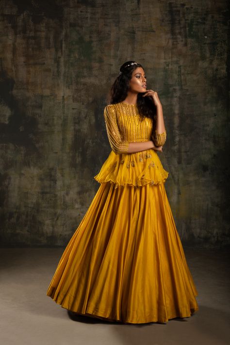 #fashion #design #designer #yellow #peplum #indianfashion #monaandvishu Blouse Peturn, Yellow Gharara, Haldi Dress Ideas, Mayon Dresses, Diwali Outfit, Haldi Ceremony Outfit, Cape Lehenga, Haldi Dress, Long Blouse Designs