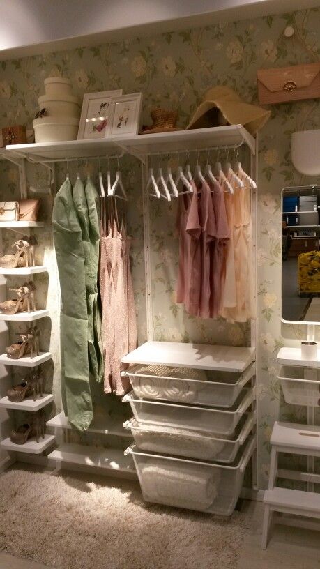 Ikea Algot built in wardrobe with fun wall paper behind it Boaxel Ikea Ideas Closet, Boaxel Ikea, Boaxel Ikea Ideas, Ikea Algot Closet, Algot Ikea, Closet Ikea, Ikea Algot, Ikea Closet Organizer, Ikea Closet