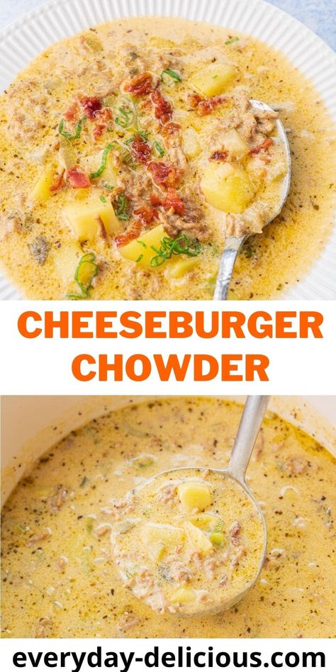 Cheeseburger chowder is a delicious soup made with ground beef and cheesy broth. It's easy and quick to make, comforting, and really tastes like a cheeseburger. It's not overly heavy and makes a delicious dinner that the whole family will love! Warm Soup Recipes, Soup With Ground Beef, Chowder Soup, Savory Soups, Broth Recipes, Soup Dinner, Chowder Recipes, Easy Casserole Recipes, Slow Cooker Soup