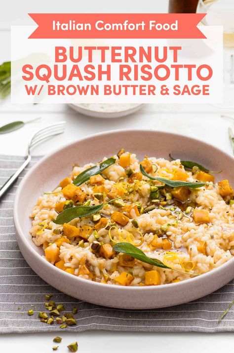 Roasted Butternut Squash Risotto with Brown Butter and Fried Sage Leaves Brown Butter Squash, Butter Squash, Brown Butter Sage, Fried Sage, Squash Risotto, Squash Vegetable, Butternut Squash Risotto, Sage Leaves, Risotto Recipes