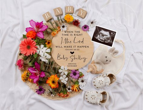 Spring Baby Announcement Ideas, Spring Gender Reveal Ideas, Christian Baby Announcement, Unexpected Pregnancy Announcement, Digital Gender Reveal, Ivf Pregnancy Announcement, Ivf Pregnancy, Isaiah 60 22, Unexpected Pregnancy