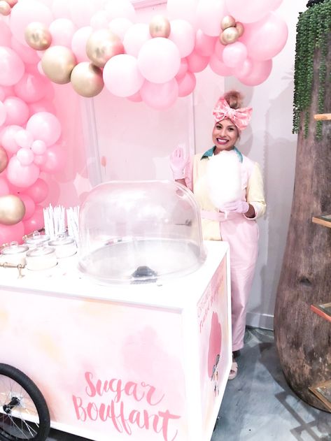 Candy Carts Ideas, Cotton Candy Station, Cotton Candy Bar, Cotton Candy Cart, Donut Board, Dinner Party Style, Sparkle Birthday Party, Themed Dinner Party, Cotton Candy Cakes