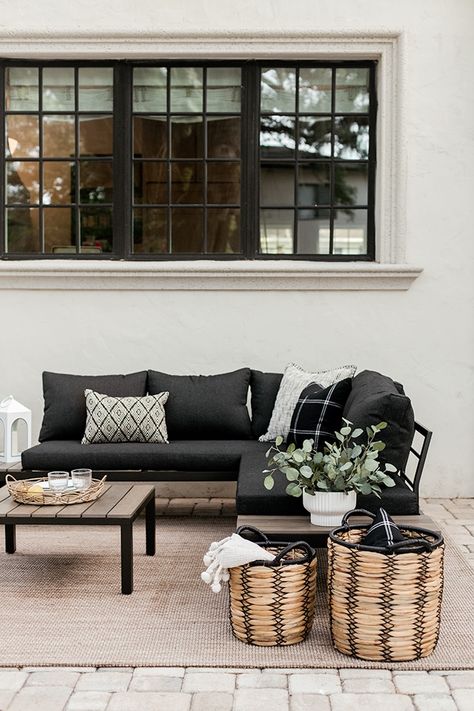 Green And Black Patio Decor, Black Outdoor Furniture Decorating Ideas, Black Patio Furniture Ideas, Black Patio Furniture, Black Outdoor Furniture, Time Apart, Relaxation Space, Jenna Sue Design, Black Patio