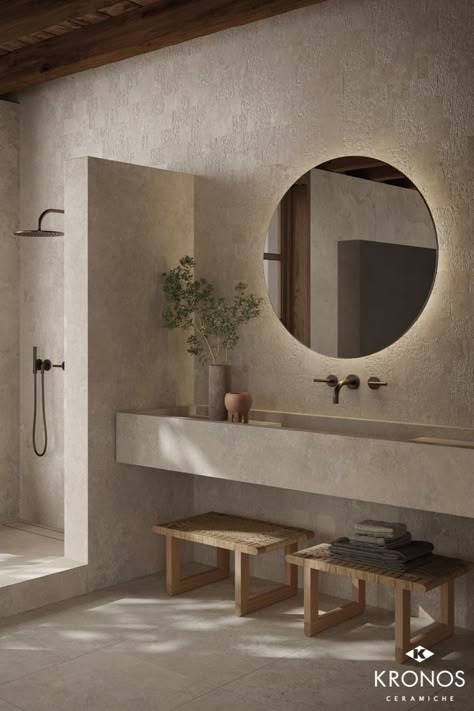 Bathroom design inspiration: travertine look porcelain tiles. Collection by Kronos Ceramiche: Nativa Tibur Falda #kronostiles #kronosceramiche #madeinitaly #porcelaintiles #porcelainstoneware #gresporcellanato #grescerame #feinsteinzeug #luxurytiles #bathroomdesign #bathroomtiles #bathroom #bathroomfloor #bathroomwall #bathroomfurniture #decorativetiles #washbasin #floortiles #walltiles #travertinelook #travertine #travertino #travertinetiles #archilovers #architecture #designer Wabi Sabi Bathroom, Travertine Bathroom, Interior Design Per La Casa, Black Interior Design, Stone Bathroom, Bad Inspiration, Decor Baie, Bathroom Design Inspiration, Bathroom Inspiration Decor