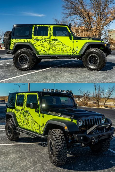 Two angles of a black and green Jeep Wrangler. It has a black topographic and a large amount of off-road accessories Ford Trucks Lifted, Lime Green Jeep, Jeep Wrangler Colors, Jeep Wrangler Custom, Ford Explorer Accessories, Car Vinyl Graphics, Trucks Lifted, Truck Graphics, Green Jeep