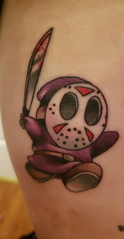 Shy guy Jason mask tattoo Jason Mask Drawing, Shy Guy Drawing, Friday The 13th Tattoo Jason, Small Horror Tattoo, Jason Tattoo Friday The 13th, Shy Guy Tattoo, Jason Voorhees Mask Tattoo, Jason Mask Tattoo, Slasher Tattoo