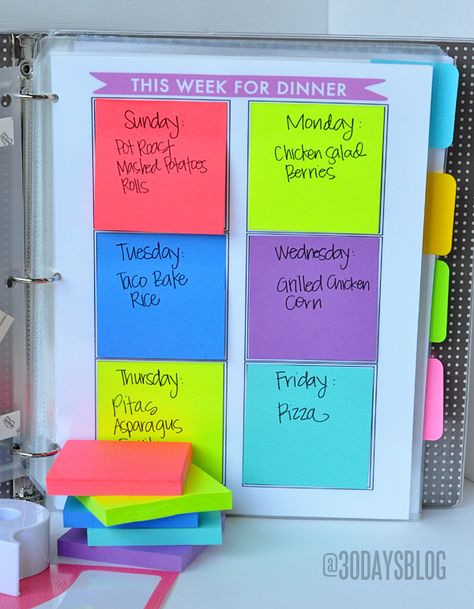 Super easy way to meal plan for each week.  Print out this grid and get organized.  A dry erase marker can be used too! Notes Project, Family Binder, To Do Planner, Post It Note, Menu Planners, Binder Organization, Menu Planning, Organize Your Life, Planner Organization