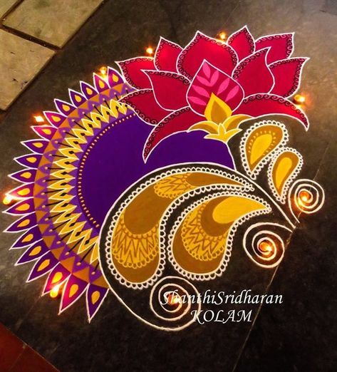 Purple Rangoli Designs, Easy And Beautiful Rangoli For Diwali, Mandala Rangoli Designs Latest, Rangoli Designs With Lotus, Lotus Design Rangoli, Mandala Rangoli Designs Diwali, Lotus Rangoli For Diwali, Rangoli Designs Mandala, Mandala Kolam