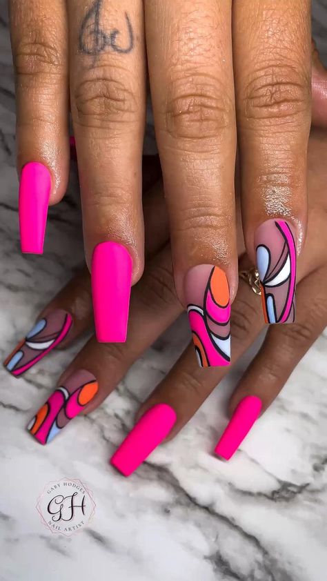 Long Pink Abstract 💖 Follow me on Instagram for more @GabyHodgesNails. Link in Bio!! in 2022 | Girls nail designs, Summery nails, Acrylic nails coffin pink Vacation Nails Black Women, Geometric Nails, Matte Pink Nails, Girls Nail Designs, Pop Art Nails, Abstract Nails, Sassy Nails, Abstract Nail Art, Trendy Nail Art Designs