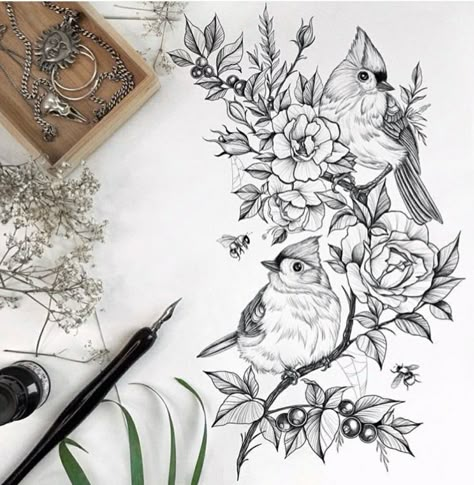 Bird And Flower Tattoo, Unique Half Sleeve Tattoos, Birds Drawing, Vogel Tattoo, Flower Thigh Tattoos, Tattoos For Women Half Sleeve, Floral Tattoo Sleeve, Flower Drawing Design, Thigh Tattoos Women