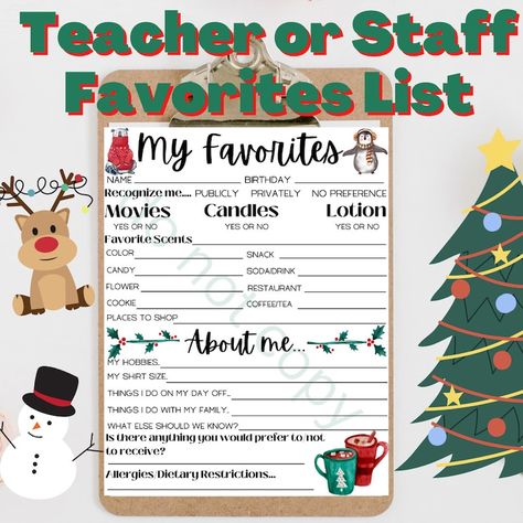 Can't figure out what gifts to get your friends, family, teacher, co-worker, or staff? My Favorites List is the best printable way to find out more about your staff/employees, teacher, friend, or family. You'll be making give-giving a breeze year round with our printable Favorites List. This Survey is perfect for Teacher Appreciation, Staff Appreciation, Christmas, Birthdays, Random Gifting, employee gifting, work events, family fun, Secret Santa, and other holidays. Gifts To Get Your Friends, My Favorites List, Teacher Questionnaire, Teacher List, Back To School List, Christmas Essentials, Christmas Styles, Holiday Picks, School List