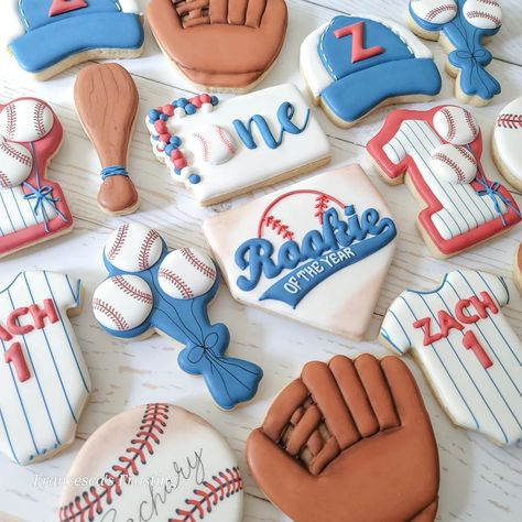 Vintage Baseball Party, Baseball Cookies, Baseball Theme Birthday, Baseball First Birthday, First Birthday Cookies, Kids Themed Birthday Parties, Twins 1st Birthdays, Rookie Of The Year, Baby Boy First Birthday