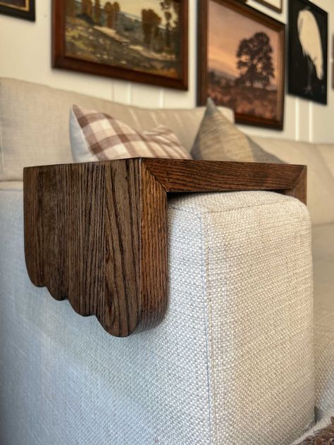 How to Build an Easy DIY Couch Armrest Table Tray   - Erin Zubot Design Wood Arm Rest For Couch, Diy Ottoman With Storage, Diy Sofa Arm Table, Couch Arm Table Diy, Build Ottoman, Easy Diy Couch, Diy Couch Table, Diy Ottoman Ideas, Ottoman Tray Decor Ideas