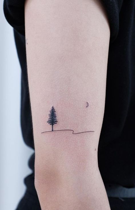 The Best Tiny Tattoos Of All Time - TheTatt Tiny Outdoor Tattoos, Minimalist Nature Tattoos Men, Tattoo Camping Nature, Minimalist Forest Tattoo, Nature Simple Tattoo, Tattoo Ideas Outdoors, Cabin Tattoo Simple, Minimalist Tattoo Nature, Nature Line Tattoo