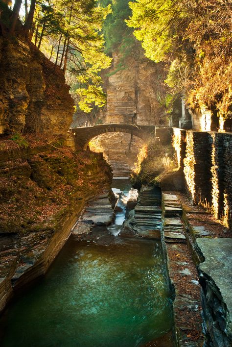 The Bridge to Lucifer Falls | Taken at sunrise... the lighti… | Flickr Watkins Glen State Park, Stone Bridge, Lake George, A Bridge, Pretty Places, Places Around The World, Vacation Spots, State Park, Travel Usa