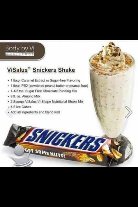 Snickers Visalus Shake recipe Snickers Shake, Visalus Shake Recipes, Snickers Protein, Shake Ideas, Protein Shake Recipe, Herbalife Shakes, Herbalife Shake Recipes, Body By Vi, Protein Shake Smoothie