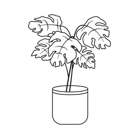 Monstera flower in a pot. Potted plant in black and white line drawing style. Vector illustration isolated on white background Plant Pot Drawing, Coffee Core, Printable Drawings, Flower In A Pot, Plant App, White Flower Pot, Plant Cartoon, Plant Sketches, Phone Widgets