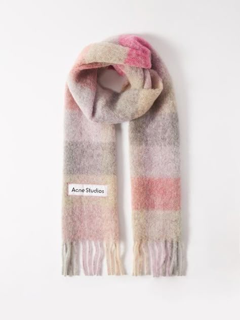 Acne Scarf, Scarf Aesthetic, Acne Studio, Checked Scarf, Scarf Casual, Pink Scarves, Fringe Scarf, Stockholm Fashion, Birthday Wishlist