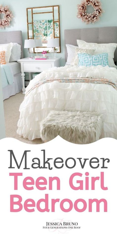 Teen Girl Bedroom makeover featuring a shared bedroom theme. Sophisticated neutral bedding + gold bamboo mirror + white furniture and gray tufted headboard. Gray Tufted Headboard, Twins Bedroom, Teen Girls Room, Light Green Walls, Girls Bedroom Makeover, Shared Girls Bedroom, Bedroom Teen, Bedroom Theme