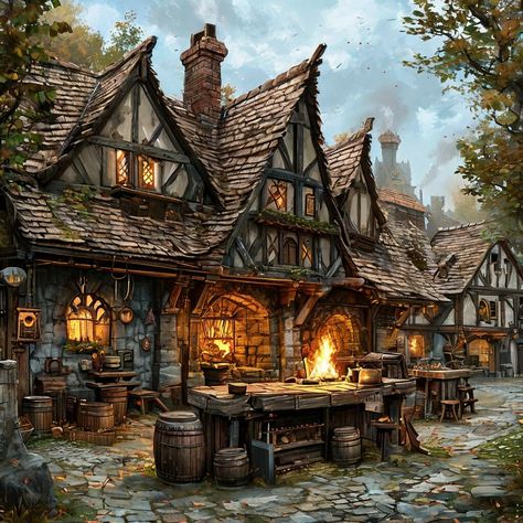 #blacksmith #forge #dnd Fantasy Blacksmith Workshop Concept Art, Fantasy Tavern Exterior Concept Art, Blacksmith Forge Fantasy Art, Dwarven Buildings, Fantasy Blacksmith Shop, Fantasy Forge Concept Art, Fantasy Shop Concept Art, Minecraft Medieval Blacksmith, Dnd Blacksmith