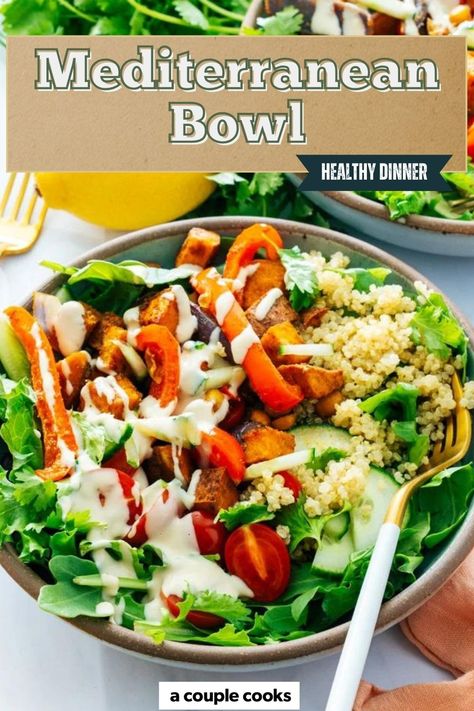 This Mediterranean bowl is bursting with fresh ingredients! Roasted vegetables, couscous and lemon tahini sauce make a satisfying meal. #mediterraneanbowl #mediterraneanrecipe #mediterraneandiet #healthymeal #healthyrecipe #healthydinner #vegandinner #vegandiet #plantbased Mediterranean Bowl Recipe, Mediterranean Bowl, Lemon Tahini Sauce, Gut Recipes, Winter Salad Recipes, A Couple Cooks, Tilapia Recipes, Vegetarian Dinner Recipes, Mediterranean Lifestyle