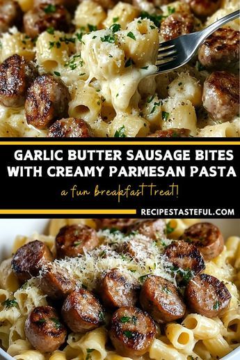 These garlic butter sausage bites served over creamy Parmesan pasta are a hearty, comforting dish packed with flavor. The garlicky, buttery sausage bites paired with rich, cheesy pasta make this an irresistible weeknight dinner. Garlic Butter Sausage, Creamy Parmesan Pasta, Creamy Sausage Pasta, Chicken Recipes Pasta, Sausage Pasta Bake, Sausage Bites, Garlic Parmesan Pasta, Sausage Recipes For Dinner, Sausage Dinner