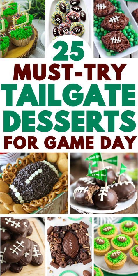 Easy tailgate desserts for football parties and Sunday game day. Football Party Dessert Ideas, Football Deserts Ideas, Football Dirt Cups, Tailgate Sweets Desserts, Football Dessert Charcuterie Board, Cute Football Snacks, Sweet Tailgate Treats, Football Party Theme Food, Football Game Desserts Easy